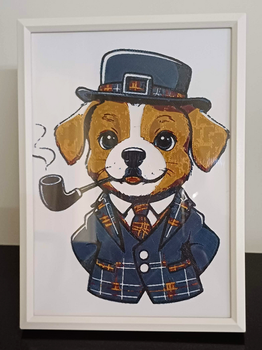 Framed artwork of a dog in a suit with a pipe and top hat.