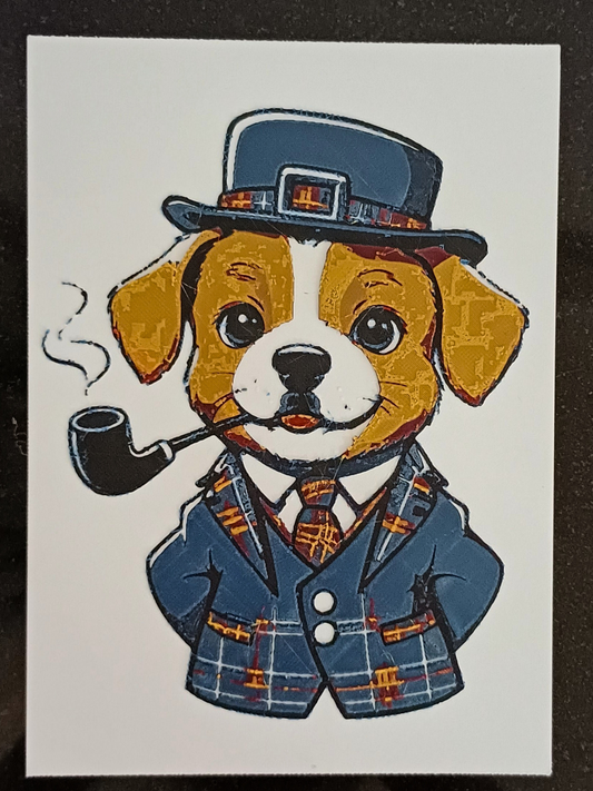 Dog wearing a top hat and suit with a pipe on a white background, without a frame.
